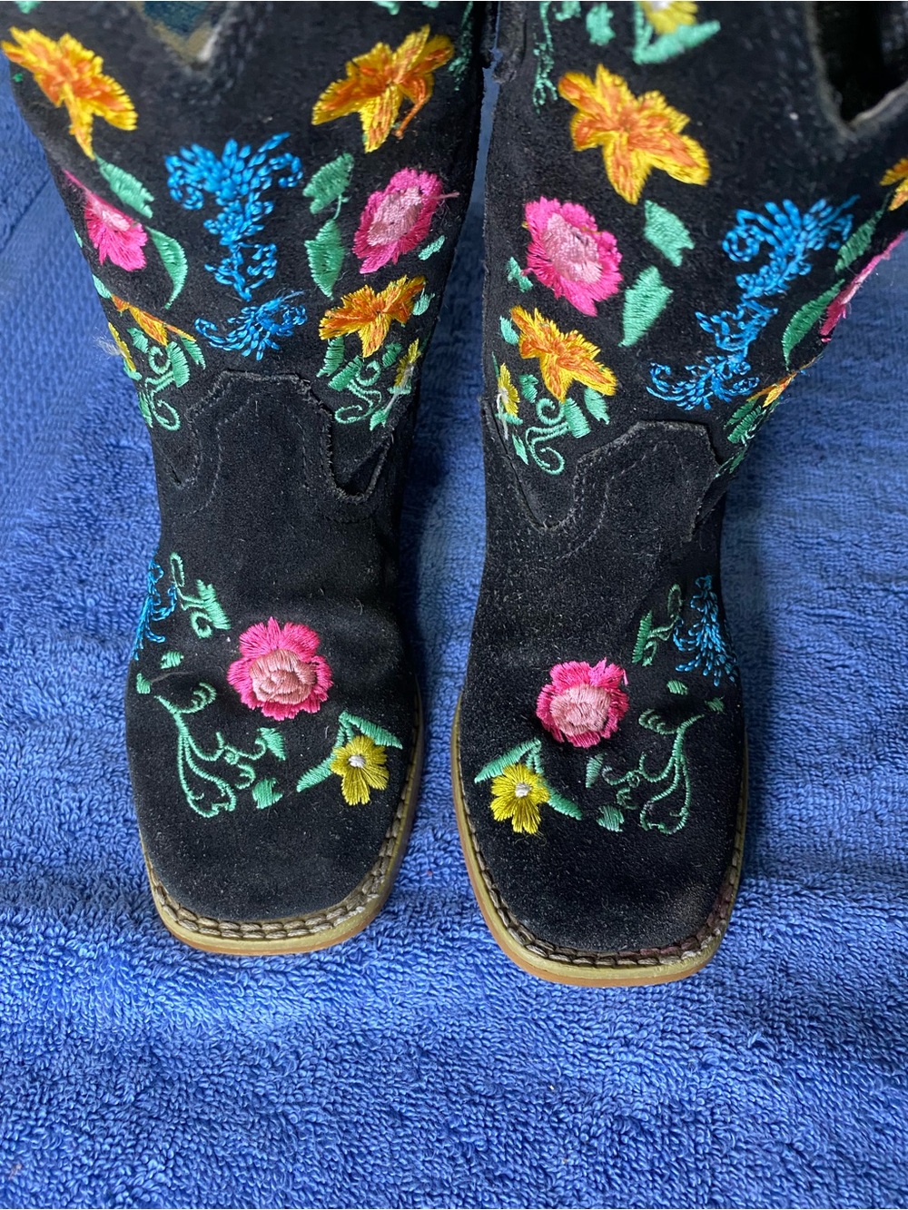 Roper Kids Size 10 Black Suede Floral Embroidered Cowgirl Boots EUC
